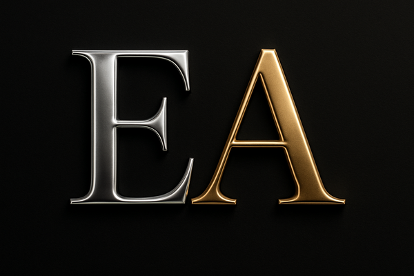EA in silver and gold lettering with black background